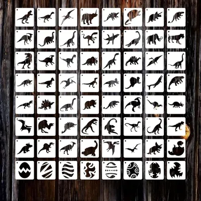 Obrázok produktu pre Dinosaury Šablóny 64 Kusov, Opakovane Použiteľné Plastové Šablóny, Pre Maľovanie, Pre Kreatívne Projekty