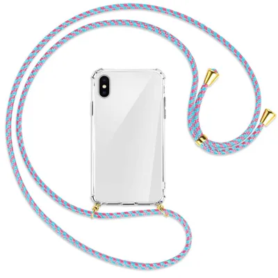 Produktbild von Handykette Backcover-Schutzhülle mit Band (Metall goldfarben) für Apple iPhone X / XS / 10 - pink/mint