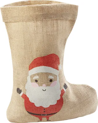 A Christmas stocking with a Santa Claus design.