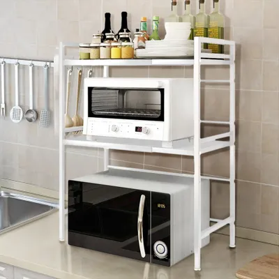 Image de Étagère pour micro-ondes 2 étages Support pour micro-ondes Organisateur de cuisine Étagère à épices 6 crochets blanc