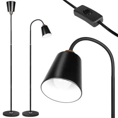 A collage of product images showing a black and gold floor lamp from different angles, including a close-up of the lamp head and a detail of the power switch.