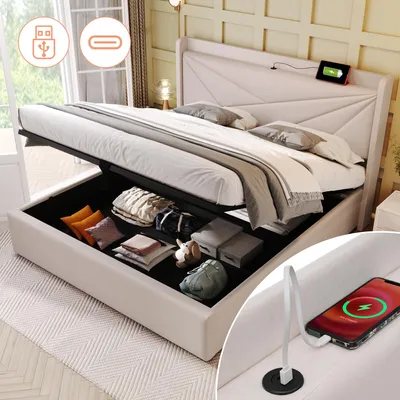 Image de OKWISH Lit coffre 180 x 200 cm – Rangement, USB et Design Moderne – Beige