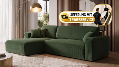 Produktbild von Ecksofa, Schlafsofa, mit Bettkasten 279x187cm CORD (GRÜN) - LINKS - PULA