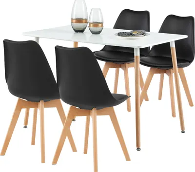 Obrázek produktu pro HJ WeDoo jídelní set - masivní dřevo bukové nohy, sedací skupina, snadná montáž, 4 židle (černá) + stůl (bílý), 110x70x73cm