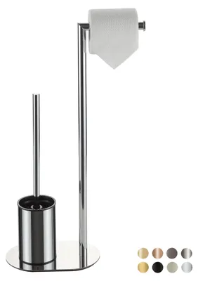 Image de Ensemble de salle de bains en acier chromé et inox, comprenant un porte-papier hygiénique et une brosse de toilettes. Modèle sur pied.