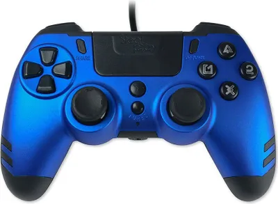 A blue and black wired game controller is shown from a front-facing perspective against a white background.