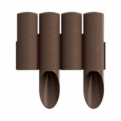 A brown plastic garden border with a wood grain texture, designed to be inserted into the ground.