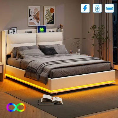 Obrázok produktu pre Postel Moonbite s úložným priestorom, 160x200 cm, zamat, béžová farba, nabíjací stanica USB typu C, LED osvetlenie a úložný priestor s hydraulickým systémom
