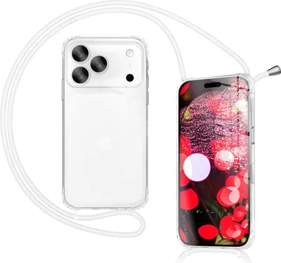 A clear phone case with a white lanyard is shown next to a phone displaying a colorful wallpaper.