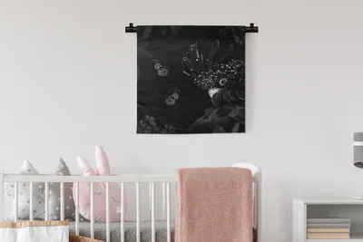 Produktbild von MuchoWow® Wandteppich Wandbehang Schmetterlinge - Pflanzen - Dschungel - Schwarz - Weiß 60x60 cm Tapisserie Dekoration Wandtuch - Dekorationen - Wand Decke
