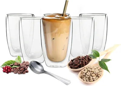 Produktbild von 6 doppelwandige Cappuccino Gläser 200ml mit Edelstahl-Löffel Kaffegläser Teeglas