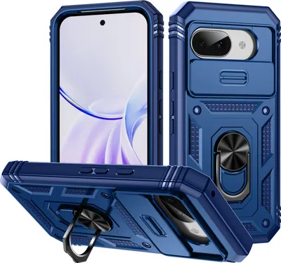 Produktbild von Hülle für Google Pixel 9A, Schiebe Kamera Schutz Stoßfest Schutzhülle mit Ringhalterung Ständer Blau