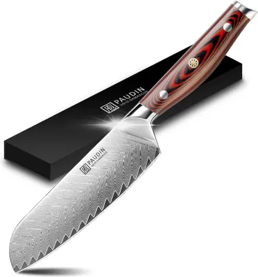 Zdjęcie produktu dla Nóż Santoku PAUDIN P4 17,5 cm – 67 warstw stali kompozytowej – rdzeń ze stali VG-10 – wyjątkowo ostry – ergonomiczna rękojeść G10 – profesjonalny nóż kuchenny