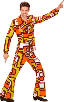 A man wearing a colorful 70s-style disco suit.