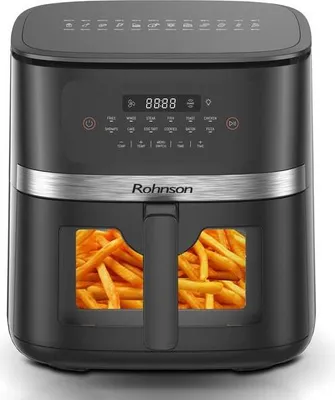 A Rohnson air fryer filled with french fries.