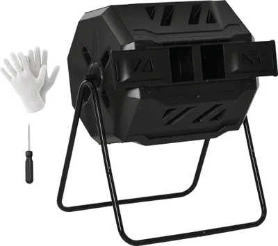 Image de Composteur - Composteur à tambour - Double compartiment - Rotatif - 160 L - Cadre en acier - Noir