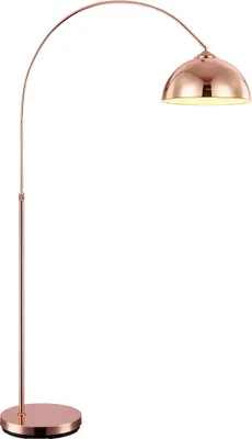 A copper-colored floor lamp with a curved arm and a dome-shaped shade, shown against a white background.