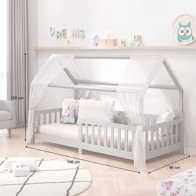 Produktbild von Hausbett NINA aus massiver Kiefer, schönes Montessori Bett in 90 x 200, minimalistisches Kinderbett mit Dach in grau