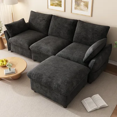 Image de Canapé d'angle moderne avec repose-pieds, 3 places, en tissu chenille, dimensions : 222,5 x 154,5 x 76,5 cm (beige)