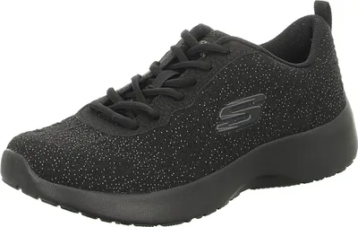 A black sneaker with glitter accents is shown against a white background.