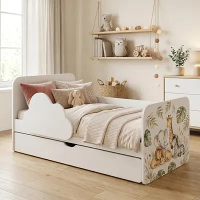 Obrázek produktu pro Kompletní dětská postýlka 160 x 80 cm, bílá | S ochrannou bočnicí, zásuvkou a matrací | Postýlka s motivy mraků, zvířátek a safari