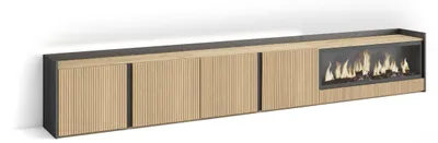 Image de PULLER Meuble TV, Banc Télé, 315x35x50 cm, Pour les TV jusqu'à 80", Cheminée électrique XXL, Led, Chêne et noir