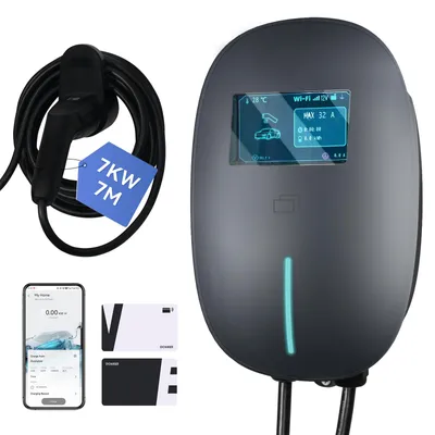 Produktbild von Puluomis Wallbox Ladestation 7kW Ladekabel 7m Typ 2 mit Halter, EV Ladegerät 1-phasig 6-32A einstellbar, IP65 mit Wlan & Bluetooth 24h Timer Grau