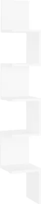 A white corner shelf unit is shown against a white background.