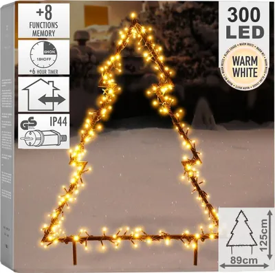 A decorative LED Christmas tree outline in a snowy outdoor setting, with packaging details visible on the left.