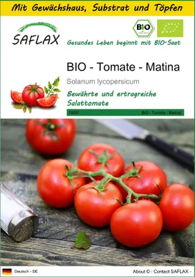 Produktbild von SAFLAX Anzucht Set - BIO - Tomate - Matina - Solanum lycopersicum - 10 Samen - Mit Mini-Gewächshaus, Anzuchtsubstrat und 2 Töpfen