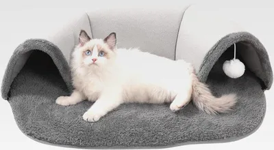 Produktbild von Katzen-Donut-Tunnel, Katzentunnel, Bett, 2-in-1-Katzentunnel, Innenkatzentunnel mit Bett, Plüsch, weich, Katzen-Donut-Höhle, weißer Plüschball, interaktive Katzentunnel für Indoor-Katzen,