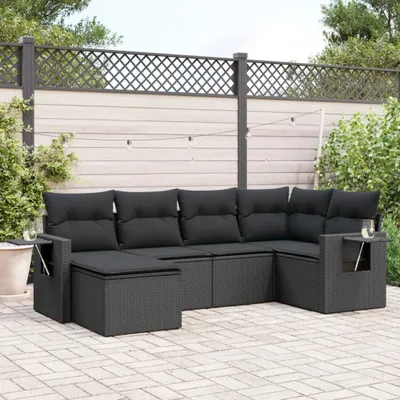 Produktbild von Design 6-tlg. Garten-Sofagarnitur mit Kissen Schwarz Poly Rattan, Gartenmöbel-Sets 2024 Neu