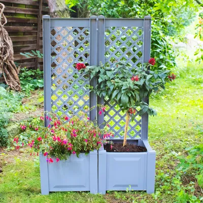 Produktbild von Pflanzkasten NYVIGreen 43x43x140 cm 44 Liter mit Spalier 2er Set - Pflanzkübel aus wetterfestem & recyceltem Kunststoff, Farbe:Grau