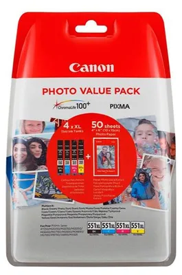 Obrázok produktu pre Canon CLI-551XL C/M/Y/BK Photo Value Pack - 4 balenia - 11 ml - XL - žltá, azúrová, purpurová, čierna - originál - krabička - atramentová nádržka / balenie papiera - pre MAXIFY MG6650, PIXMA iP8750, iX6850, MG5550, MG5650, MG6650, MG7550, MX725, PIXUS MG7550 (6443B008)