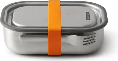 A stainless steel lunch box with an orange strap and a gray silicone seal.