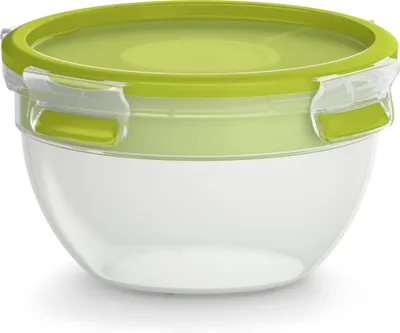 A clear studio shot of a transparent salad box with a green lid and locking clips.