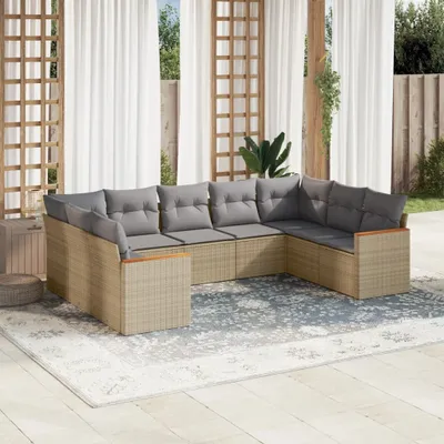 Produktbild von Design 9-tlg. Garten-Sofagarnitur mit Kissen Beige Poly Rattan, Gartenmöbel-Sets 2024 Neu