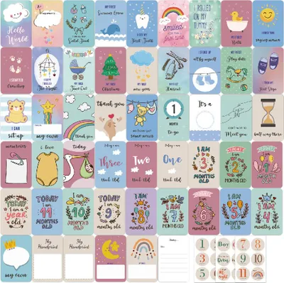Produktbild von 50-teiliges Baby Meilensteinkarten Set mit 18 Aufklebern, matte Fotokarten, inklusive Erinnerungs-Kartenbox