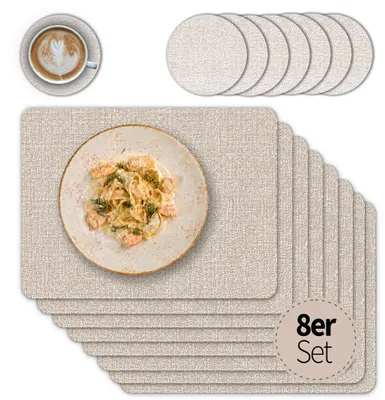 Productafbeelding van Tafelsets met glazen onderzetters, set van 8, beige, linnenlook