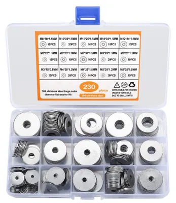 Produktbild von Satz mit 230 großen Unterlegscheiben, Edelstahl-Unterlegscheiben, Sortiment an Sicherungsringen, Metall-Unterlegscheiben und Muttern, 15 Größen M3/M4/M5/M6/M8/M10/M12. (230 silber)