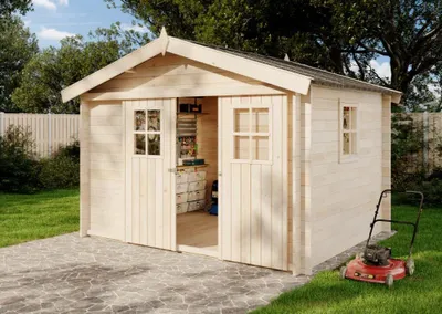 Produktbild von Alpholz Gartenhaus EVERE aus Fichten-Holz, Gerätehaus mit 19 mm Wandstärke, Garten Holzhaus inklusive Montagematerial, Metalldach, Geräteschuppen 330 x 270cm mit Satteldach