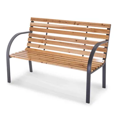 A wooden garden bench with metal legs, shown on a white background.