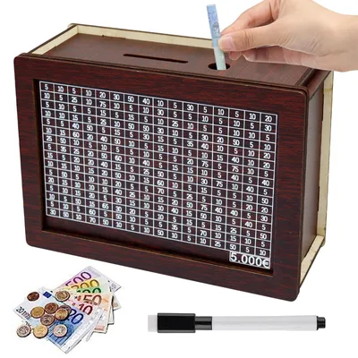 Produktbild von Spardose mit Sparziel und Abhakpunkten, Holz, Retro