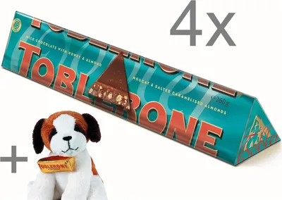 Produktbild von 4x Toblerone Crunchy Almonds 360g + "Bernie Dog" Plüschhund