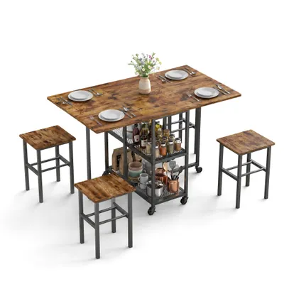 Image de Table pliante Mondeer avec 4 tabourets et tablettes, ensemble de salle à manger mobile à 6 roulettes pour la cuisine et le salon, 120 x 70 x 75 cm, brun rustique
