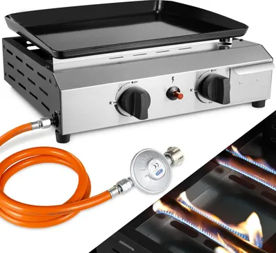 Produktbild von Gasgrill - 2‑Brenner Tischgrill - Erdgas - Edelstahl - Leicht zu reinigen - Tragbar für Camping - Rot