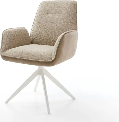A swivel chair with a beige textured seat and backrest, and a white cross-shaped base, is shown against a white background.
