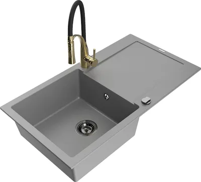 Image de Mexen Leo Évier en granit 1 bac avec égouttoir et mitigeur Aster, Gris - 6501-71-73450-57-B