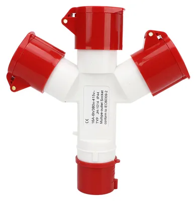 Productafbeelding van Waterdichte industriële stekker, IP44, kruisverbinding 1 in, 3 uit, 4-polig, 2P+N+E, meerwegstekker, 380-415 V