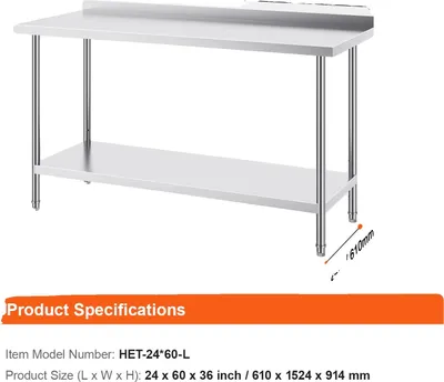 Obrázek produktu pro Pracovní stůl, nastavitelné police, těžká nerezová ocel, 24x60 palců